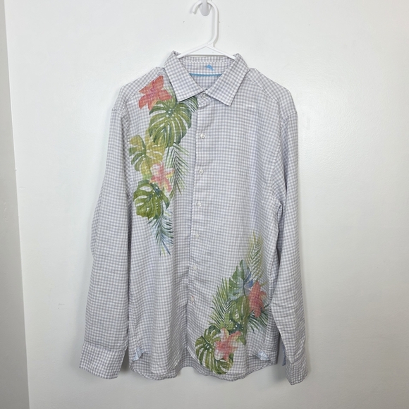 Tommy Bahama Men's White Grey Gingham Tropical 100% Linen Button Up Shirt Sz M - Picture 2 of 10